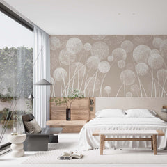 Custom Neutral Beige Dandelion Seed Head Wallpaper Soft White Botanical Wall Mural for Calm Interiors