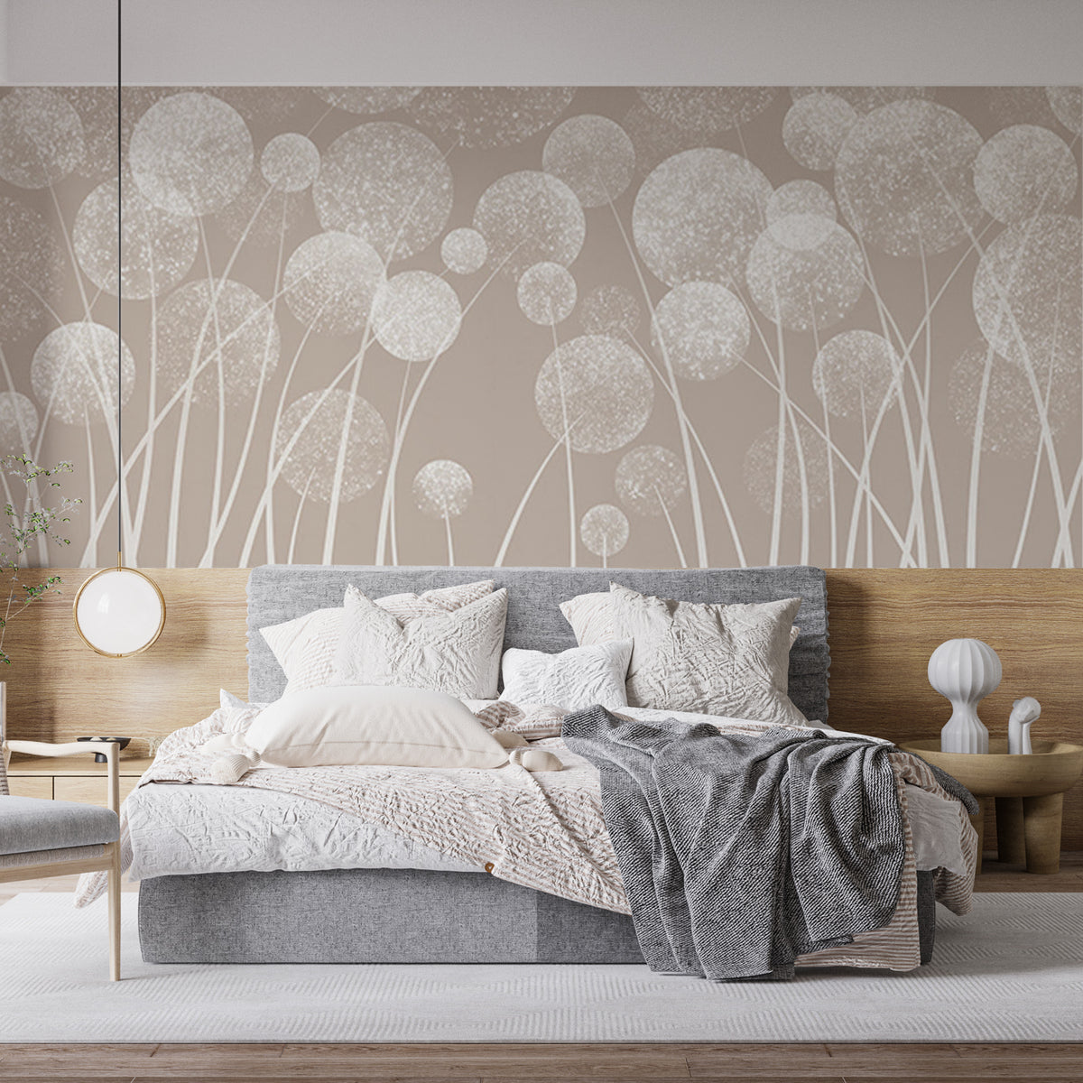 Custom Neutral Beige Dandelion Seed Head Wallpaper Soft White Botanical Wall Mural for Calm Interiors