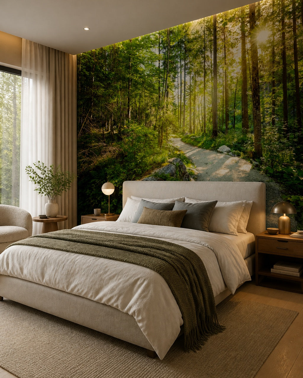 Forest trail wallpaper in a designer bedroom.