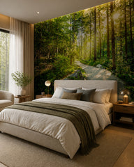 Forest trail wallpaper in a designer bedroom.