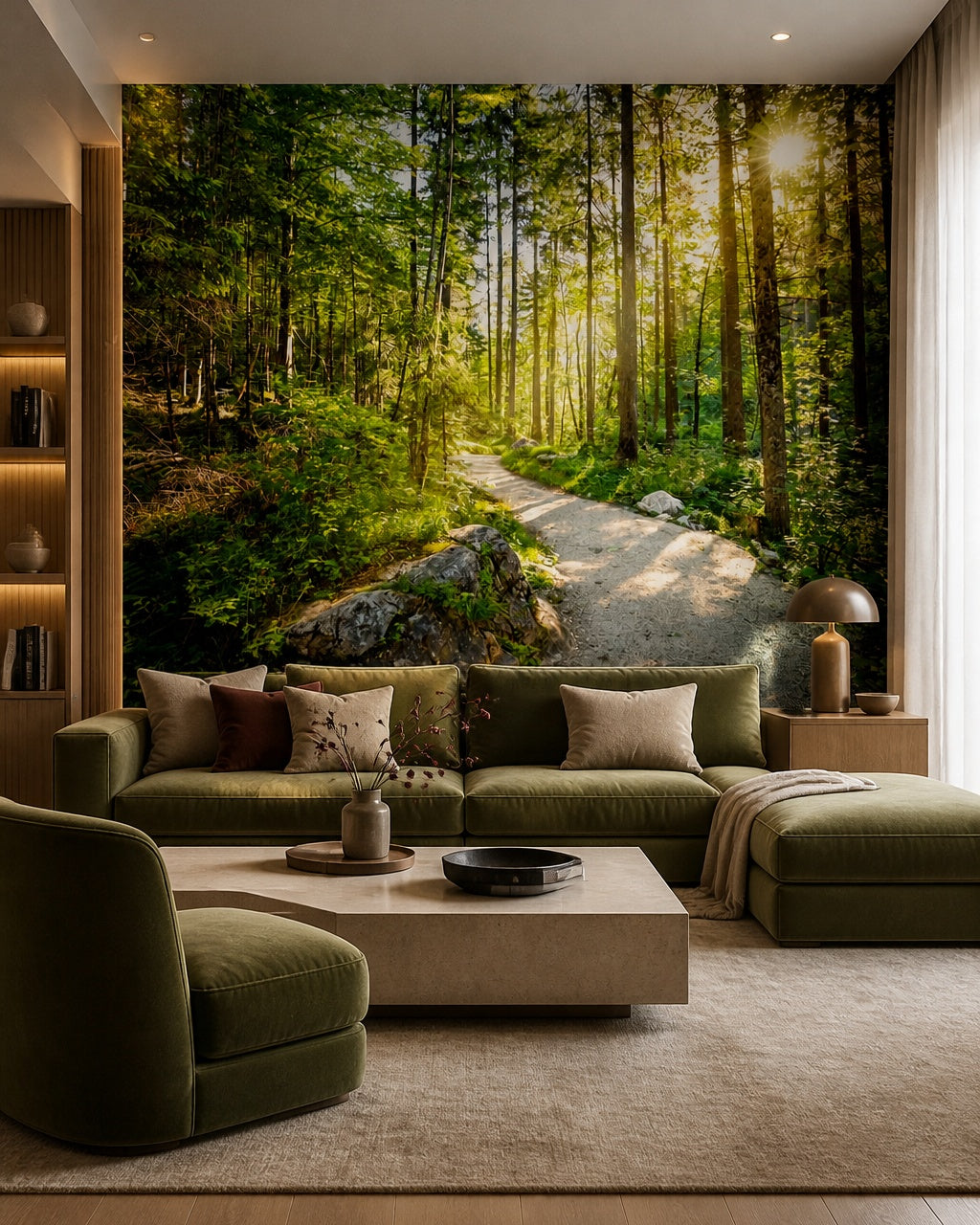 Forest trail wallpaper in a designer living room.