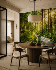 Forest trail wallpaper in a refined dining area.