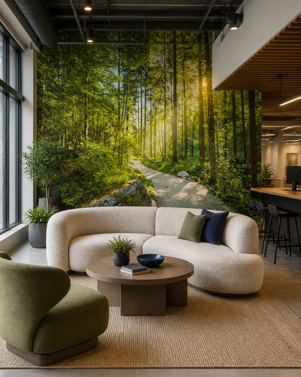 Forest trail wallpaper in a creative office lounge.