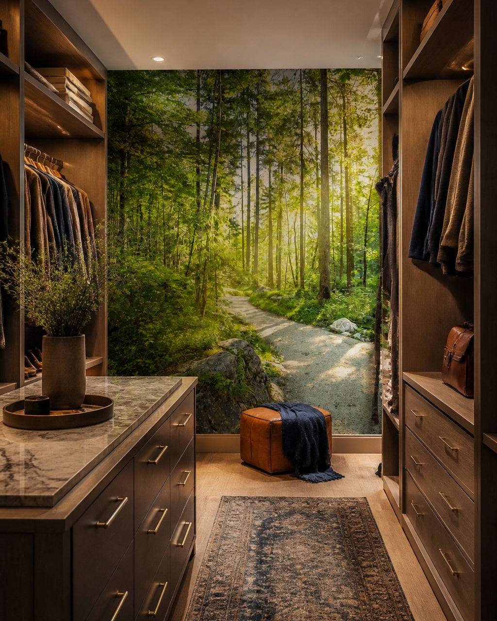 Forest trail wallpaper in a walk-in wardrobe.