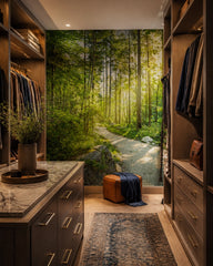 Forest trail wallpaper in a walk-in wardrobe.