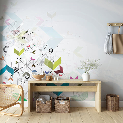 Modern Abstract Geometric Shapes and Cogs Wall Mural Wallpaper - Futuristic Pastel Design