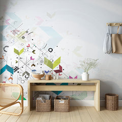 Custom Modern Abstract Geometric Shapes and Cogs Wall Mural Wallpaper - Futuristic Pastel Design