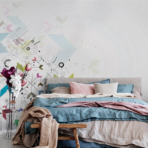 Modern Abstract Geometric Shapes and Cogs Wall Mural Wallpaper - Futuristic Pastel Design