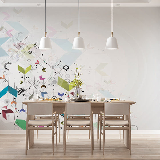 Modern Abstract Geometric Shapes and Cogs Wall Mural Wallpaper - Futuristic Pastel Design