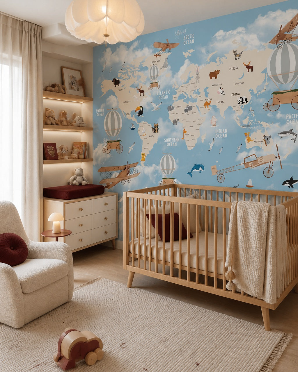Animals around the world & vintage travel map wall mural in a modern nursery with a crib.