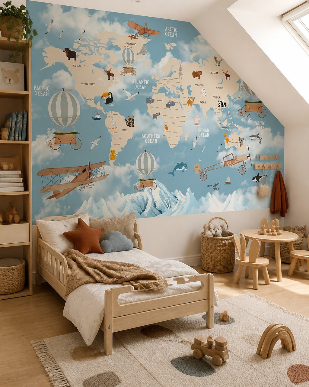 Animals around the world & vintage travel map wall mural in a toddler bedroom with a child-sized bed.