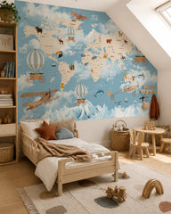 Animals around the world & vintage travel map wall mural in a toddler bedroom with a child-sized bed.