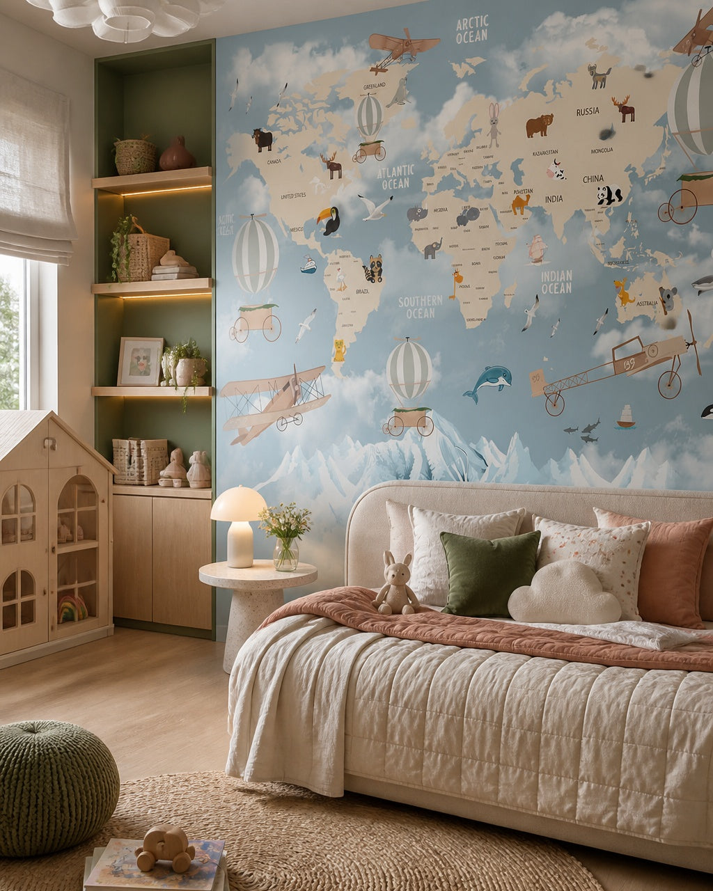 Animals around the world & vintage travel map wall mural in a girl’s bedroom.