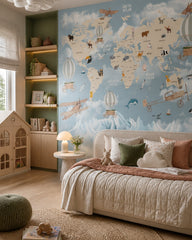 Animals around the world & vintage travel map wall mural in a girl’s bedroom.