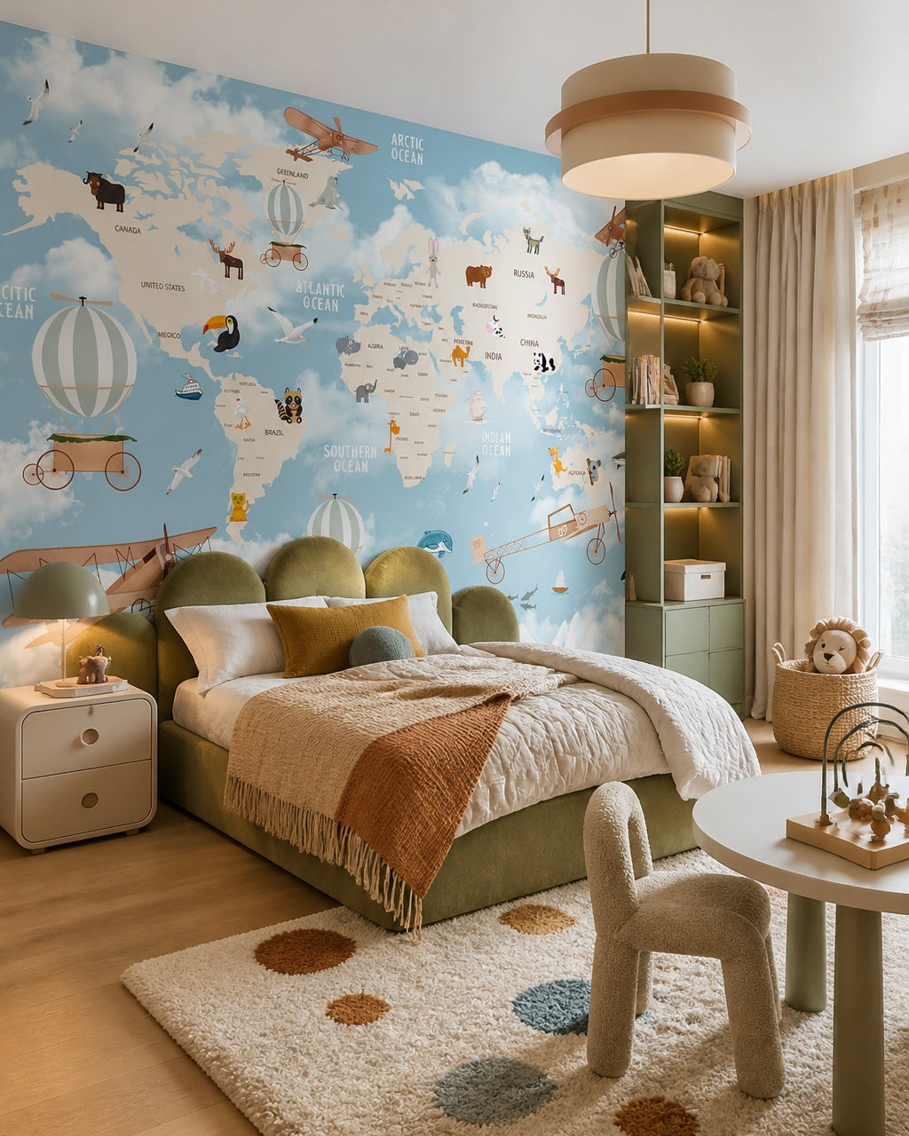Animals around the world & vintage travel map wall mural in a boy’s bedroom.
