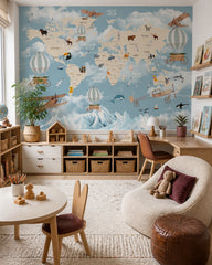 Animals around the world & vintage travel map wall mural in a children’s playroom.