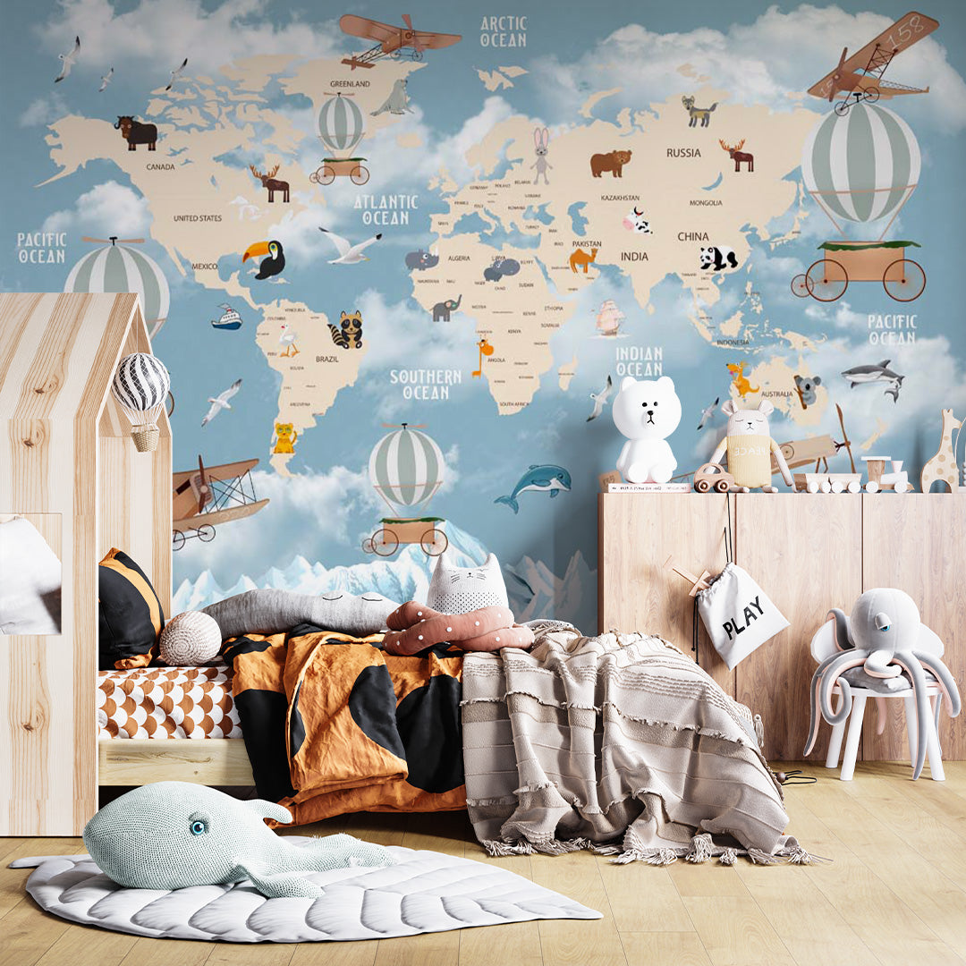 Kids World Map Worldwide Wall Mural Decals Posters for Girls Boys Baby Wallpaper for Kids