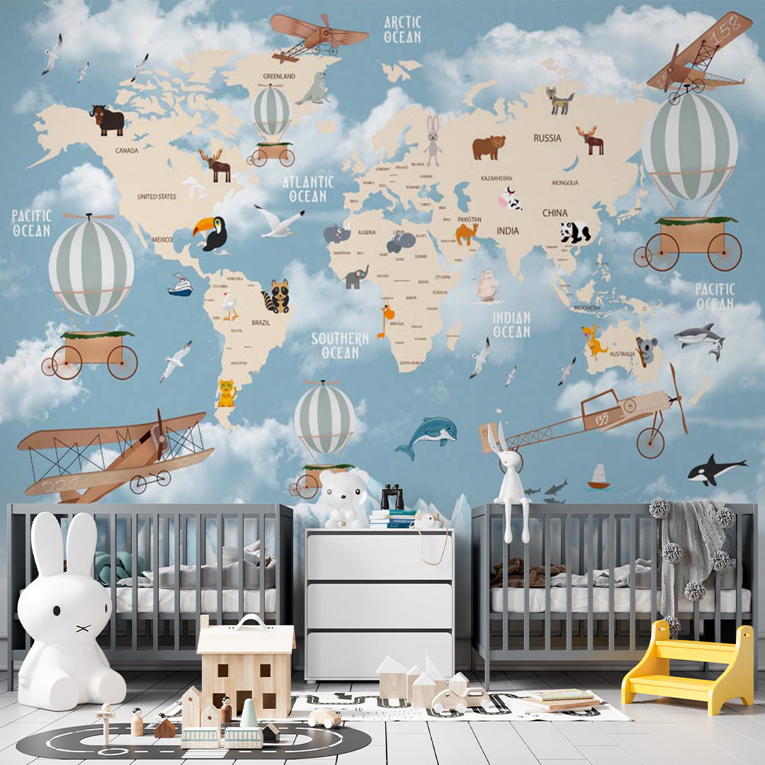 Kids World Map Worldwide Wall Mural Decals Posters for Girls Boys Baby Wallpaper for Kids