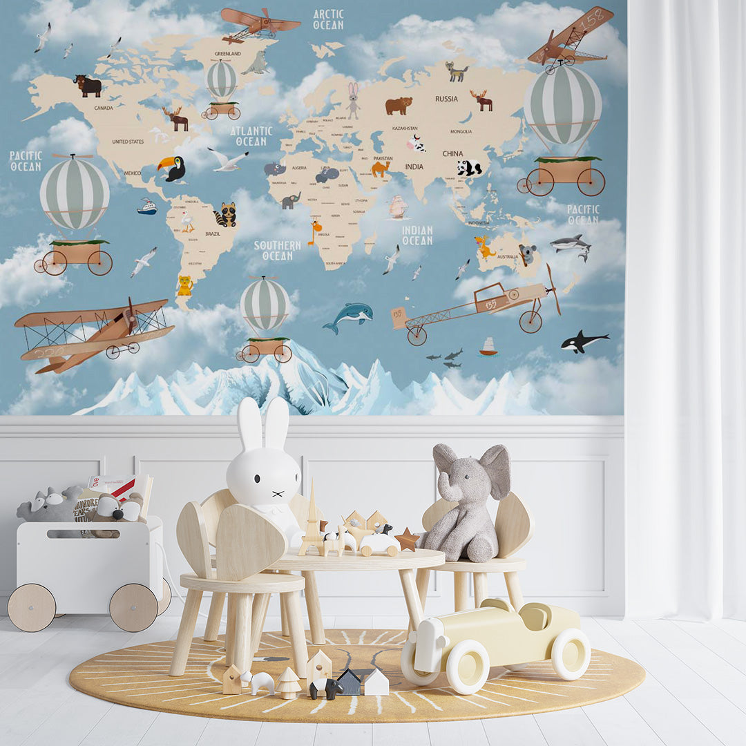 Kids World Map Worldwide Wall Mural Decals Posters for Girls Boys Baby Wallpaper for Kids