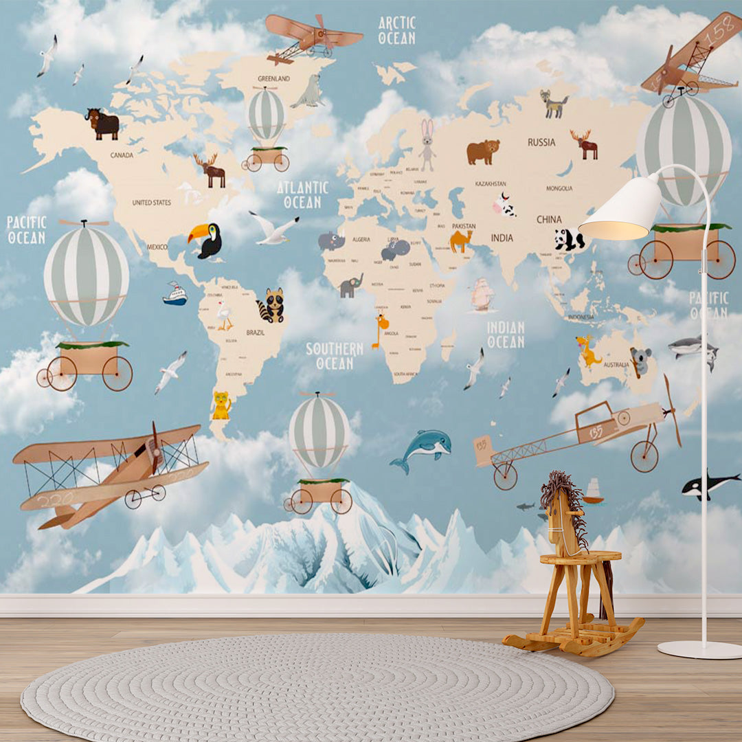 Kids World Map Worldwide Wall Mural Decals Posters for Girls Boys Baby Wallpaper for Kids