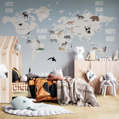 Custom Kids World Map with Animals Wall Mural Decals Posters for Girls Boys Baby Wallpaper for Kids