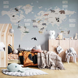 Kids World Map with Animals Wall Mural Decals Posters for Girls Boys Baby Wallpaper for Kids