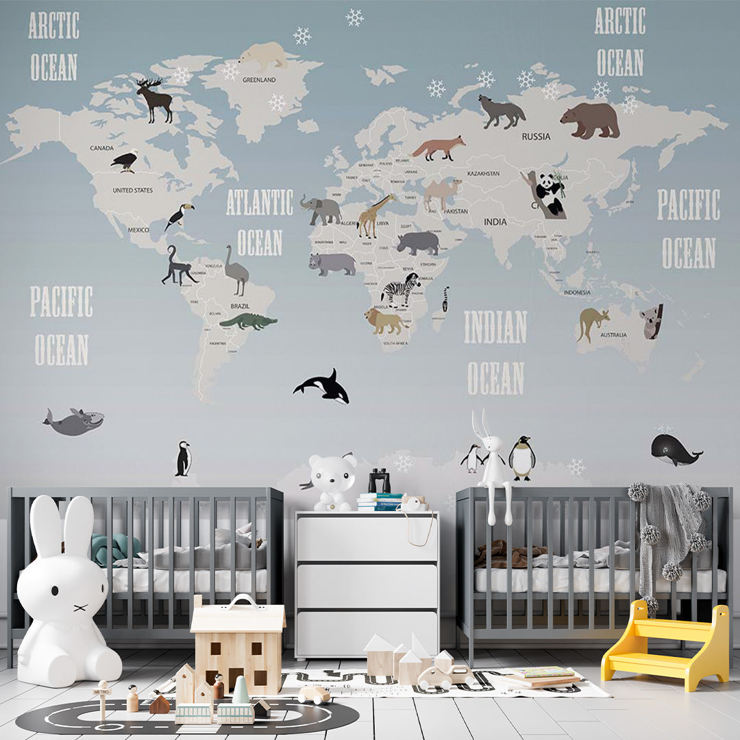 Custom Kids World Map with Animals Wall Mural Decals Posters for Girls Boys Baby Wallpaper for Kids