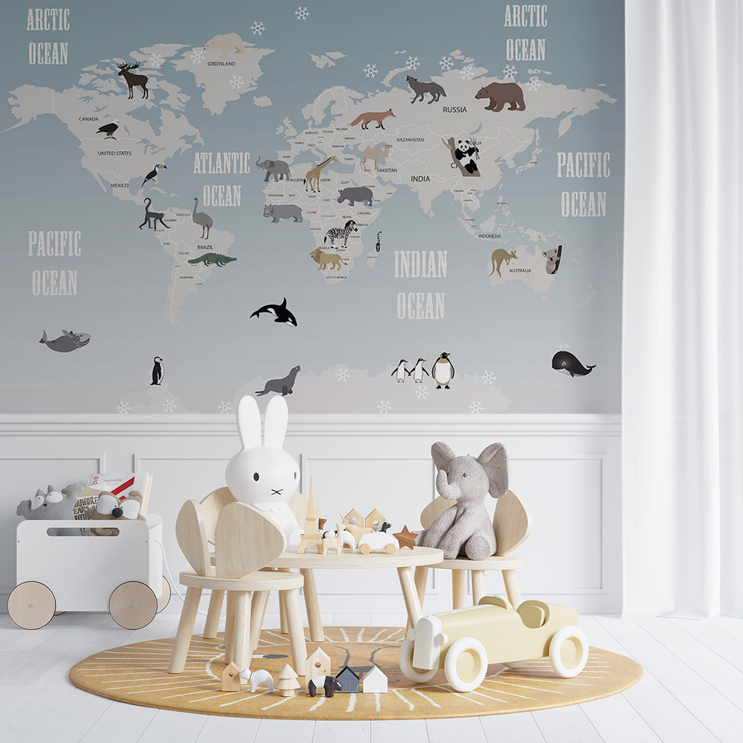 Kids World Map with Animals Wall Mural Decals Posters for Girls Boys Baby Wallpaper for Kids