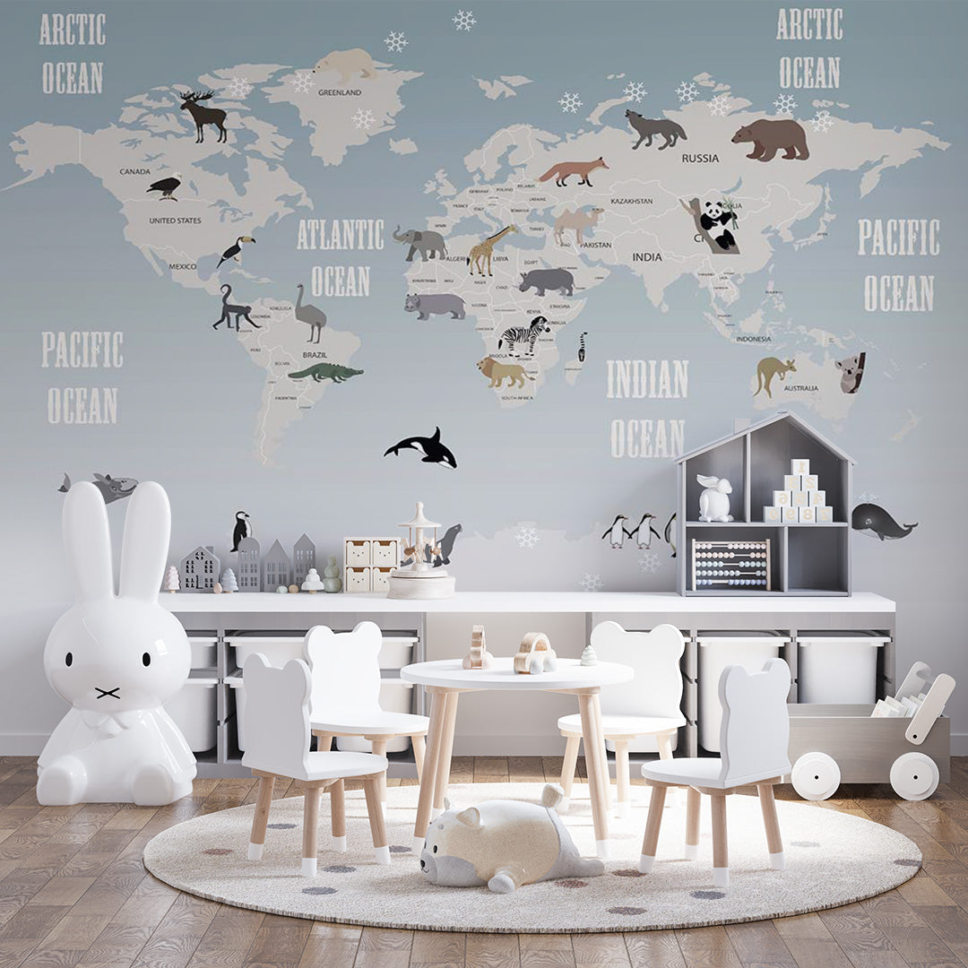 Kids World Map with Animals Wall Mural Decals Posters for Girls Boys Baby Wallpaper for Kids