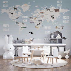 Custom Kids World Map with Animals Wall Mural Decals Posters for Girls Boys Baby Wallpaper for Kids