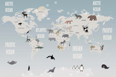 Custom Kids World Map with Animals Wall Mural Decals Posters for Girls Boys Baby Wallpaper for Kids