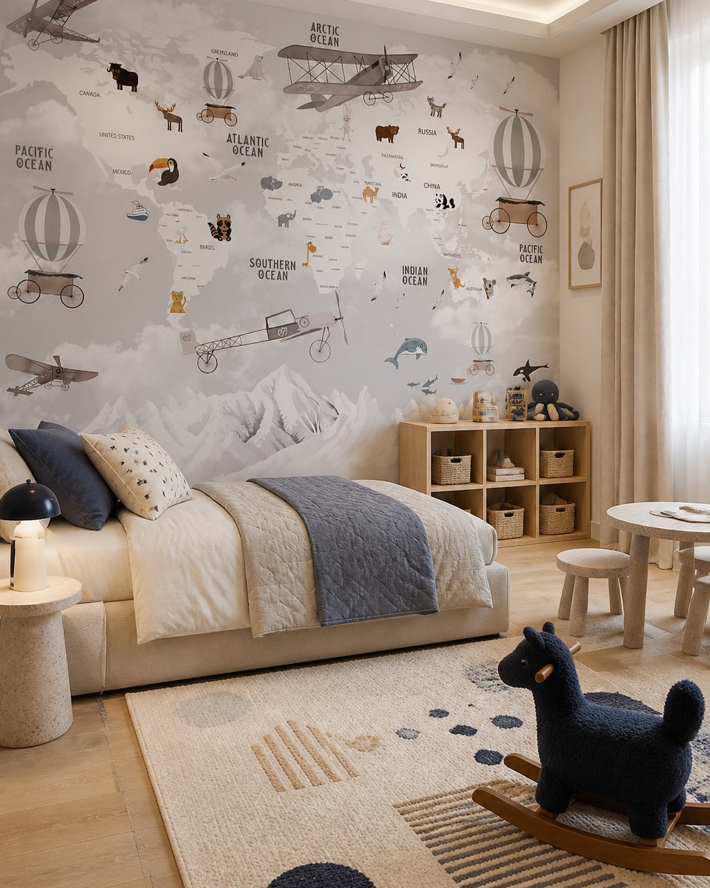 Vintage aviation & wildlife world map wall mural in a toddler bedroom with a child-sized bed.