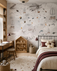 Vintage aviation & wildlife world map wall mural in a girl’s bedroom.