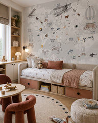 Vintage aviation & wildlife world map wall mural in a boy’s bedroom.
