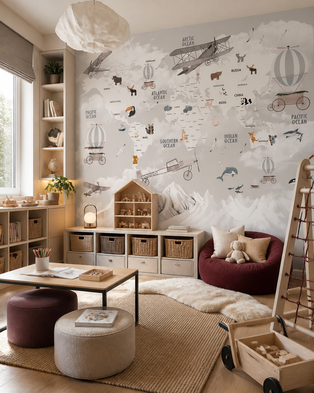 Vintage aviation & wildlife world map wall mural in a children’s playroom.