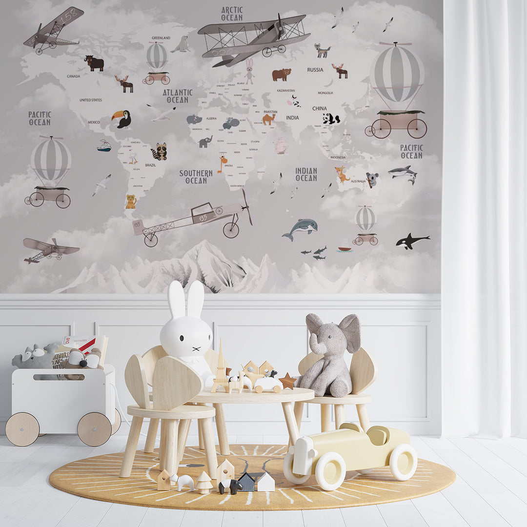 Kids World Map Aircrafts Wall Mural Decals Posters for Girls Boys Baby Wallpaper for Kids