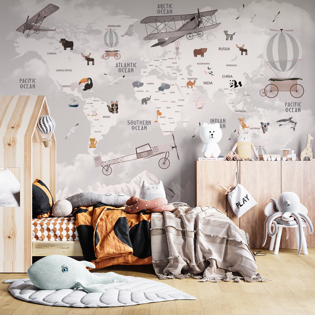 Kids World Map Aircrafts Wall Mural Decals Posters for Girls Boys Baby Wallpaper for Kids