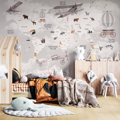 Custom Kids World Map Aircrafts Wall Mural Decals Posters for Girls Boys Baby Wallpaper for Kids