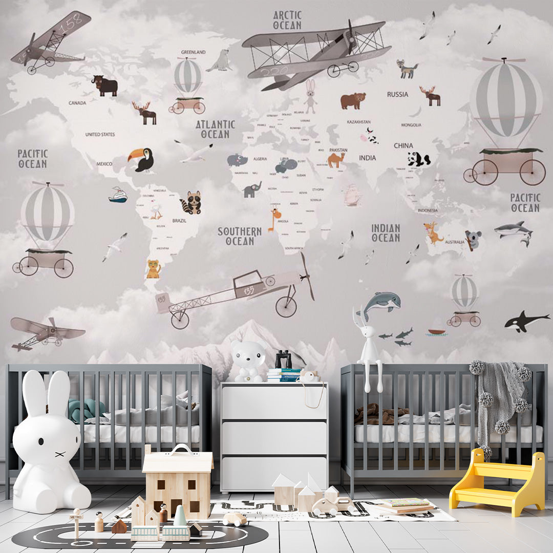 Kids World Map Aircrafts Wall Mural Decals Posters for Girls Boys Baby Wallpaper for Kids