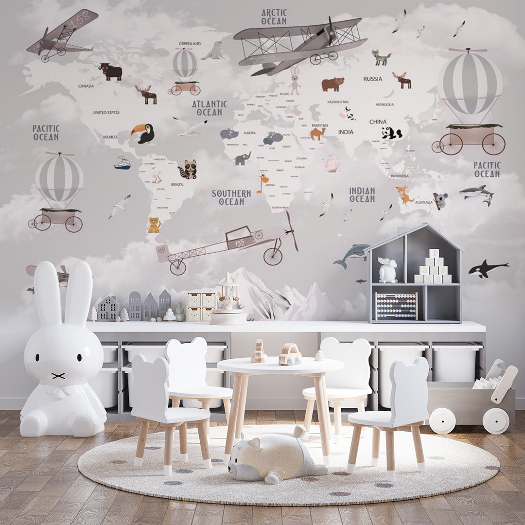 Kids World Map Aircrafts Wall Mural Decals Posters for Girls Boys Baby Wallpaper for Kids