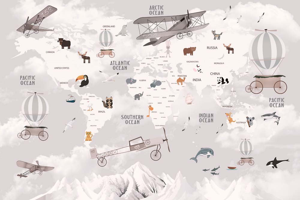 Papier peint panoramique carte du monde aviation vintage et faune