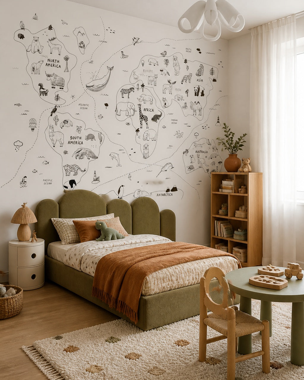 Hand-drawn animals of the world map wall mural in a toddler bedroom with a child-sized bed.