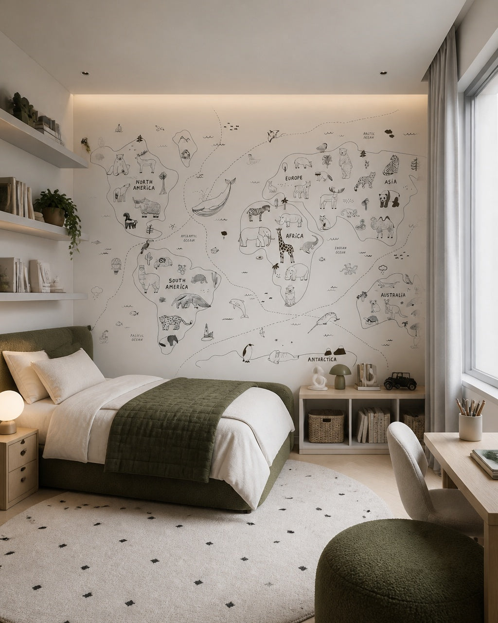 Hand-drawn animals of the world map wall mural in a boy’s bedroom.