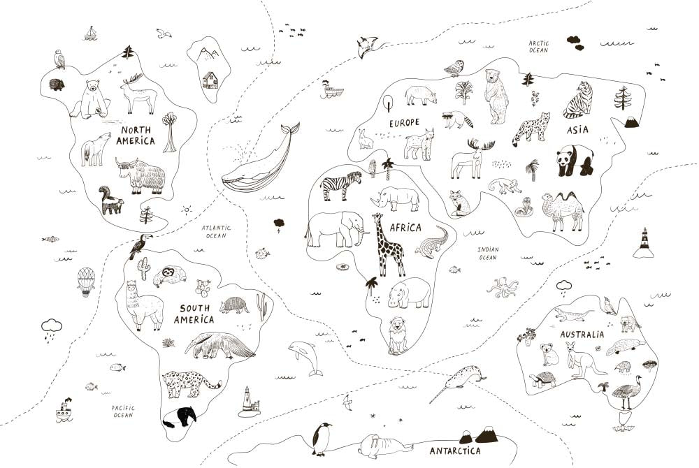 Kids World Map Sketch Animals Wall Mural Decals Posters for Girls Boys Baby Wallpaper for Kids