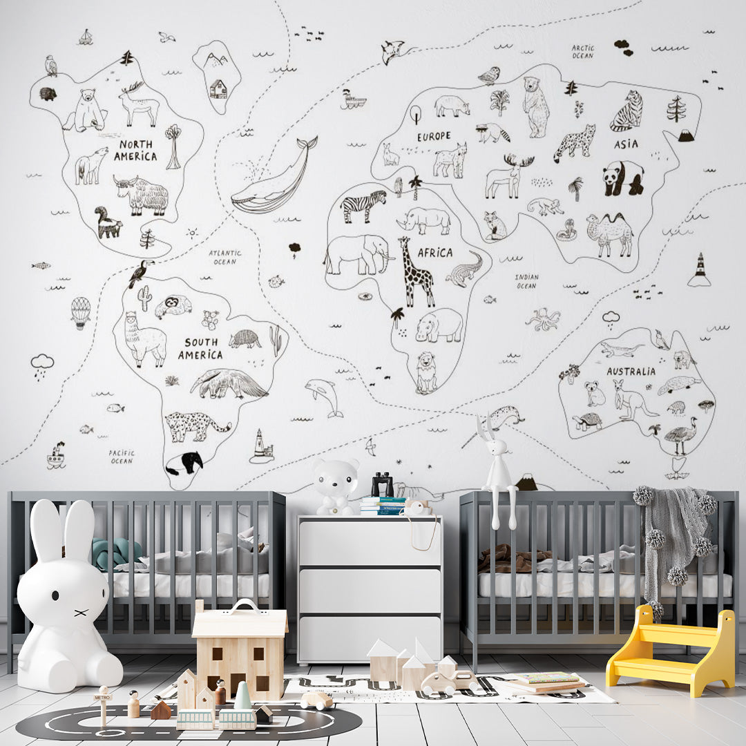 Kids World Map Sketch Animals Wall Mural Decals Posters for Girls Boys Baby Wallpaper for Kids