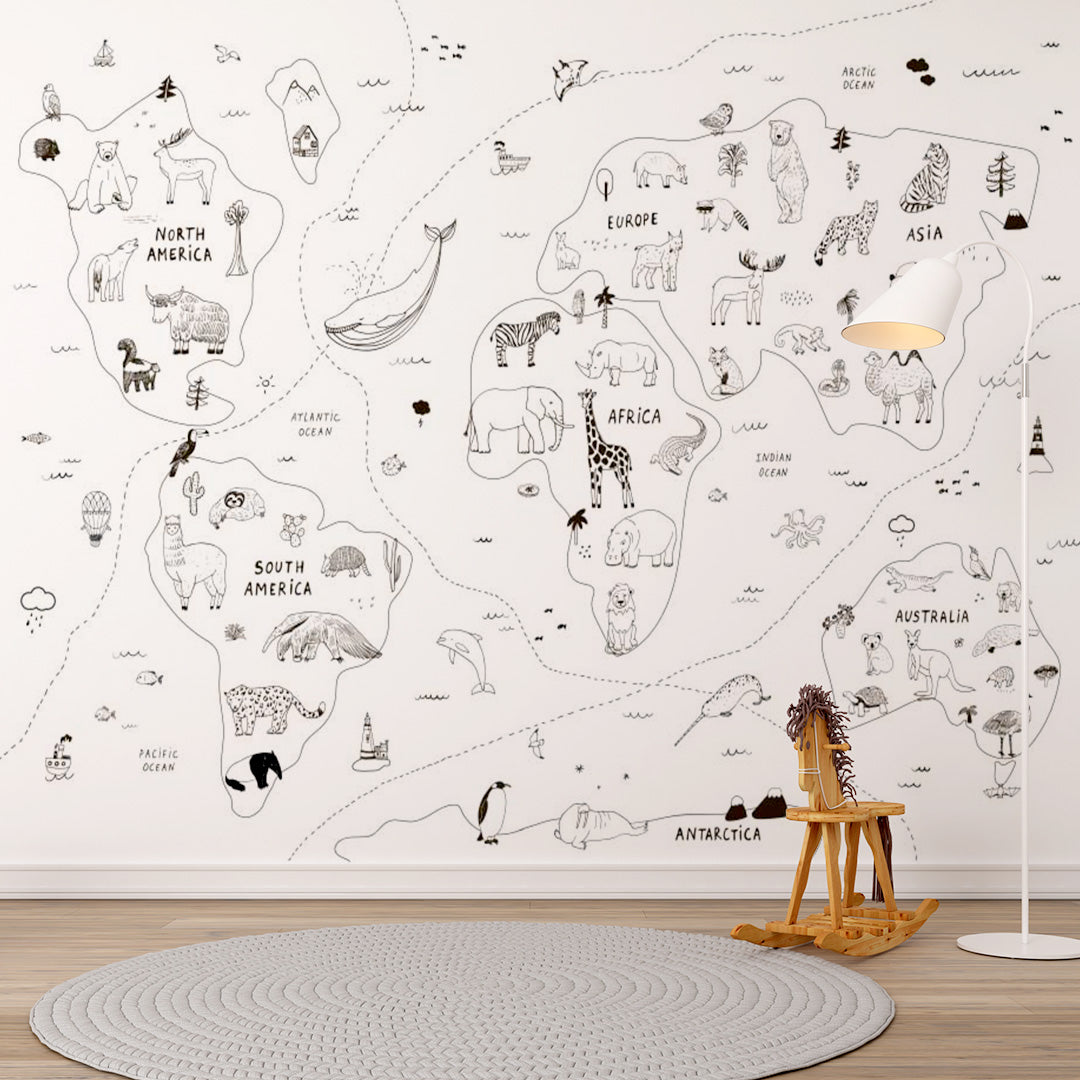 Kids World Map Sketch Animals Wall Mural Decals Posters for Girls Boys Baby Wallpaper for Kids