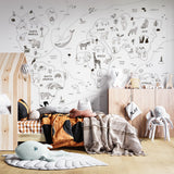 Kids World Map Sketch Animals Wall Mural Decals Posters for Girls Boys Baby Wallpaper for Kids