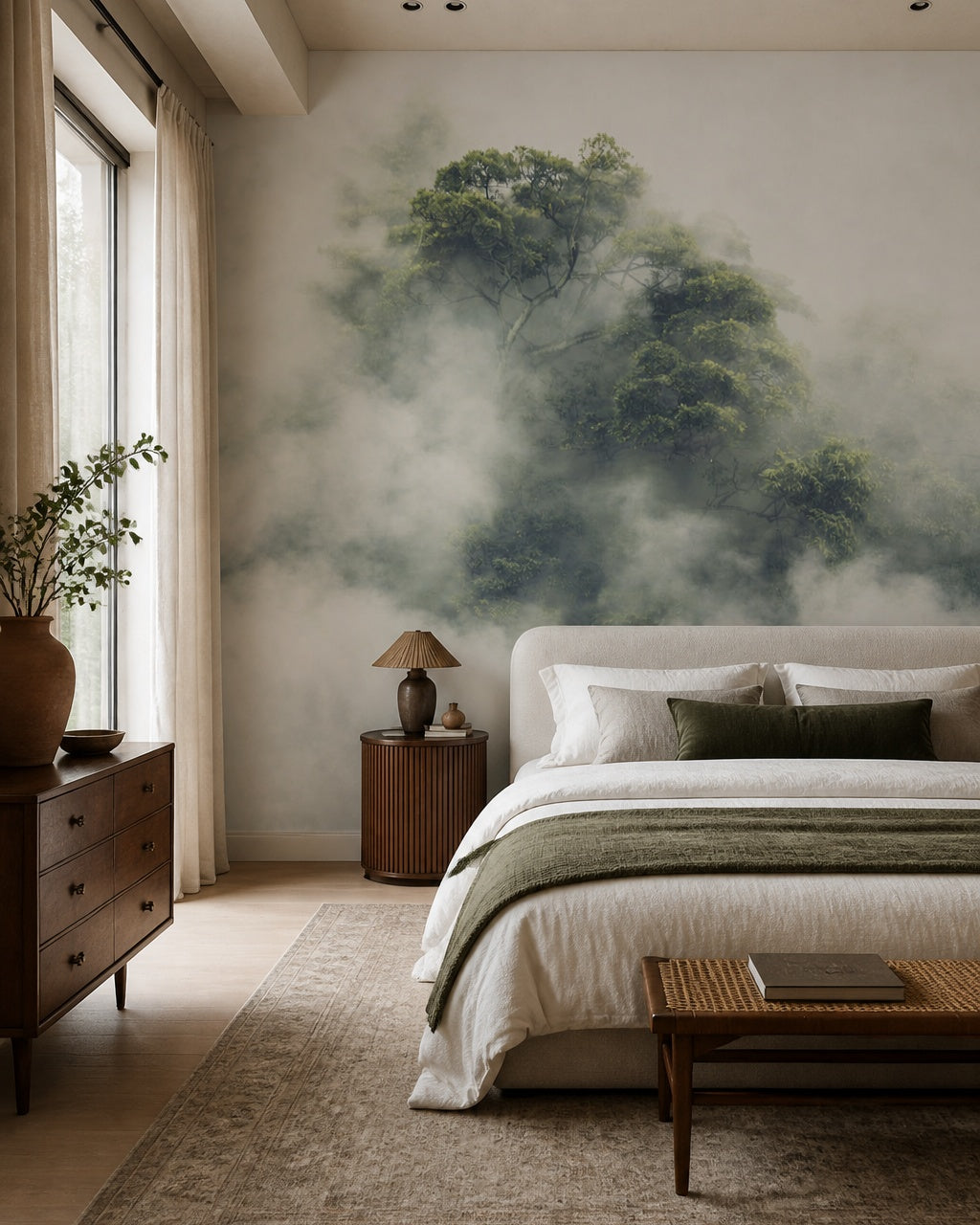 Misty tree wallpaper in a designer bedroom.