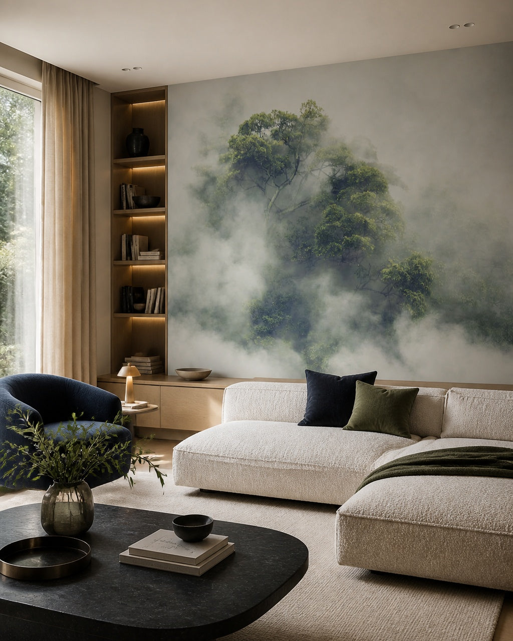 Misty tree wallpaper in a designer living room.