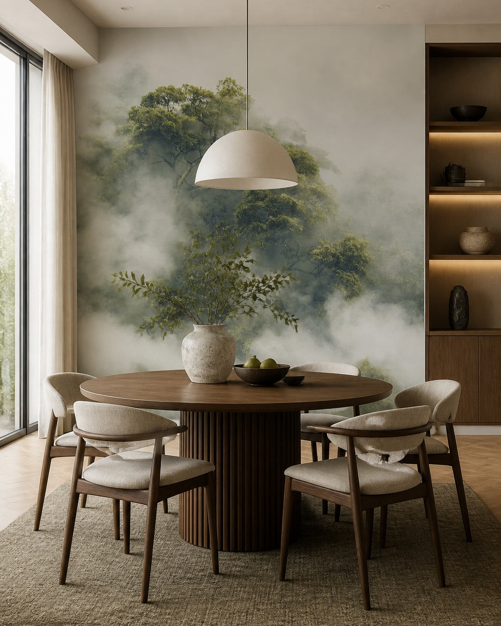 Misty tree wallpaper in a refined dining area.